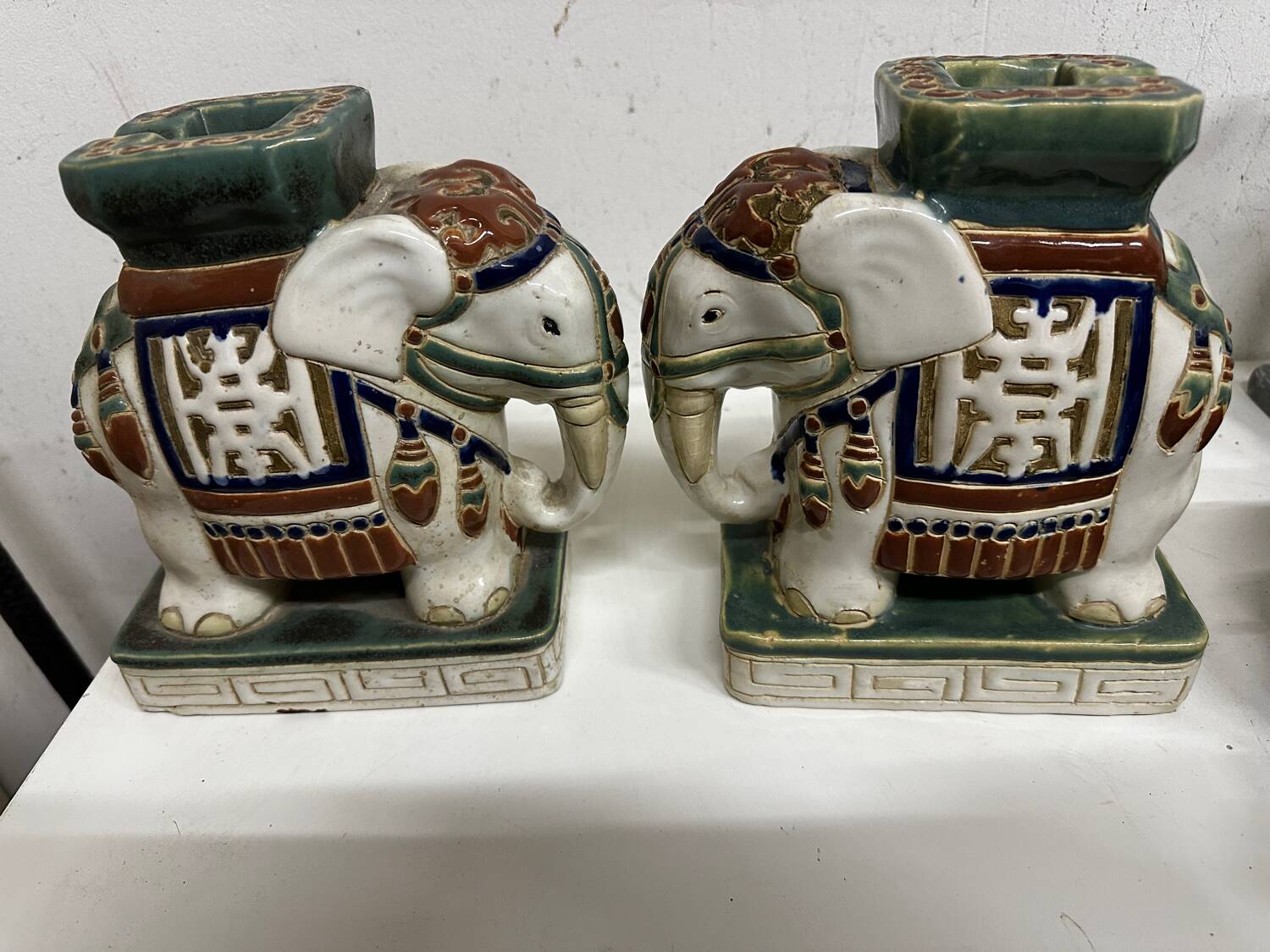 Pair of ceramic elephant plant stands polychrome sculpture - India
