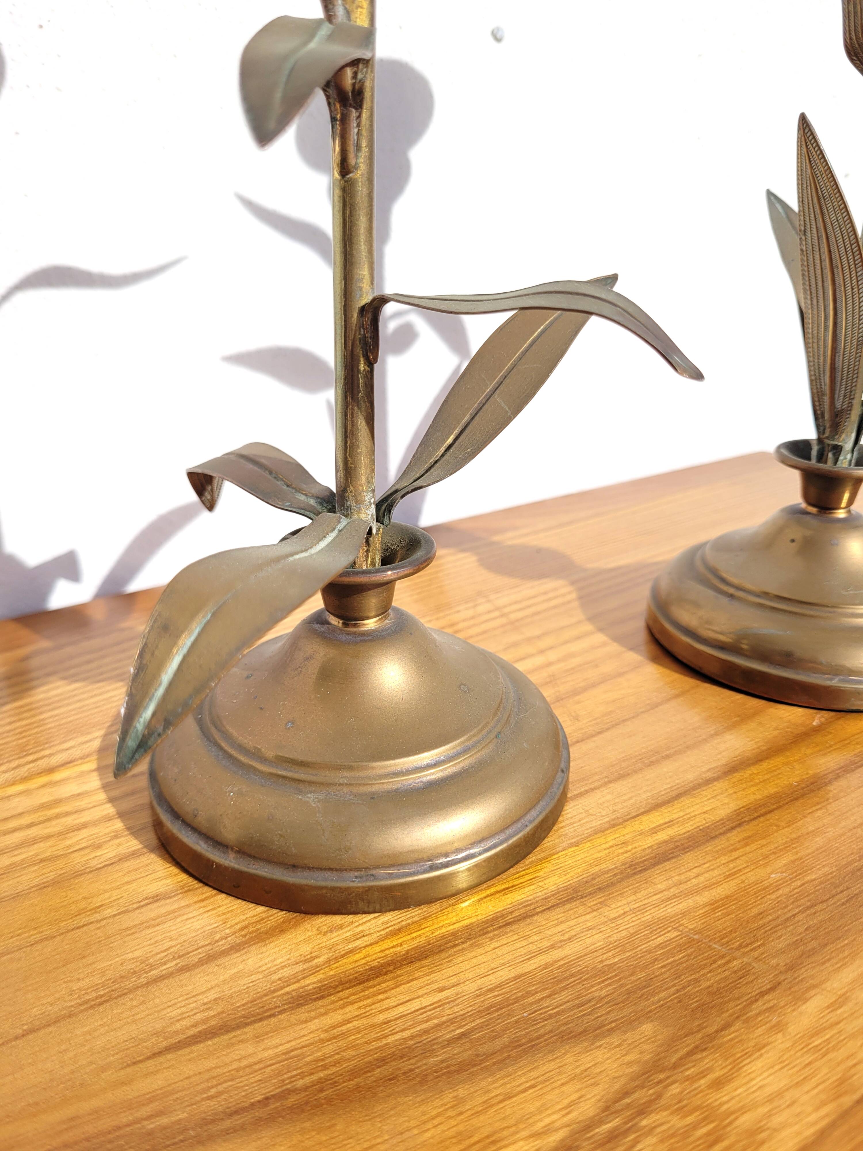 Pair of brass candlesticks with plant decoration