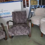 Pair of H 269 armchairs by Jindrich Halabala in wood and faux fur, brown/grey, 1930s