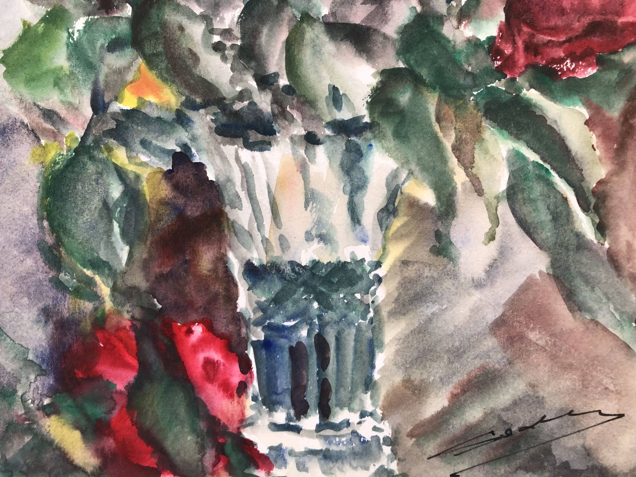 Watercolor signed godeau: pink flowers in glass vase, figurative, painting on paper without frame