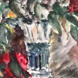 Watercolor signed godeau: pink flowers in glass vase, figurative, painting on paper without frame