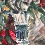 Watercolor signed godeau: pink flowers in glass vase, figurative, painting on paper without frame