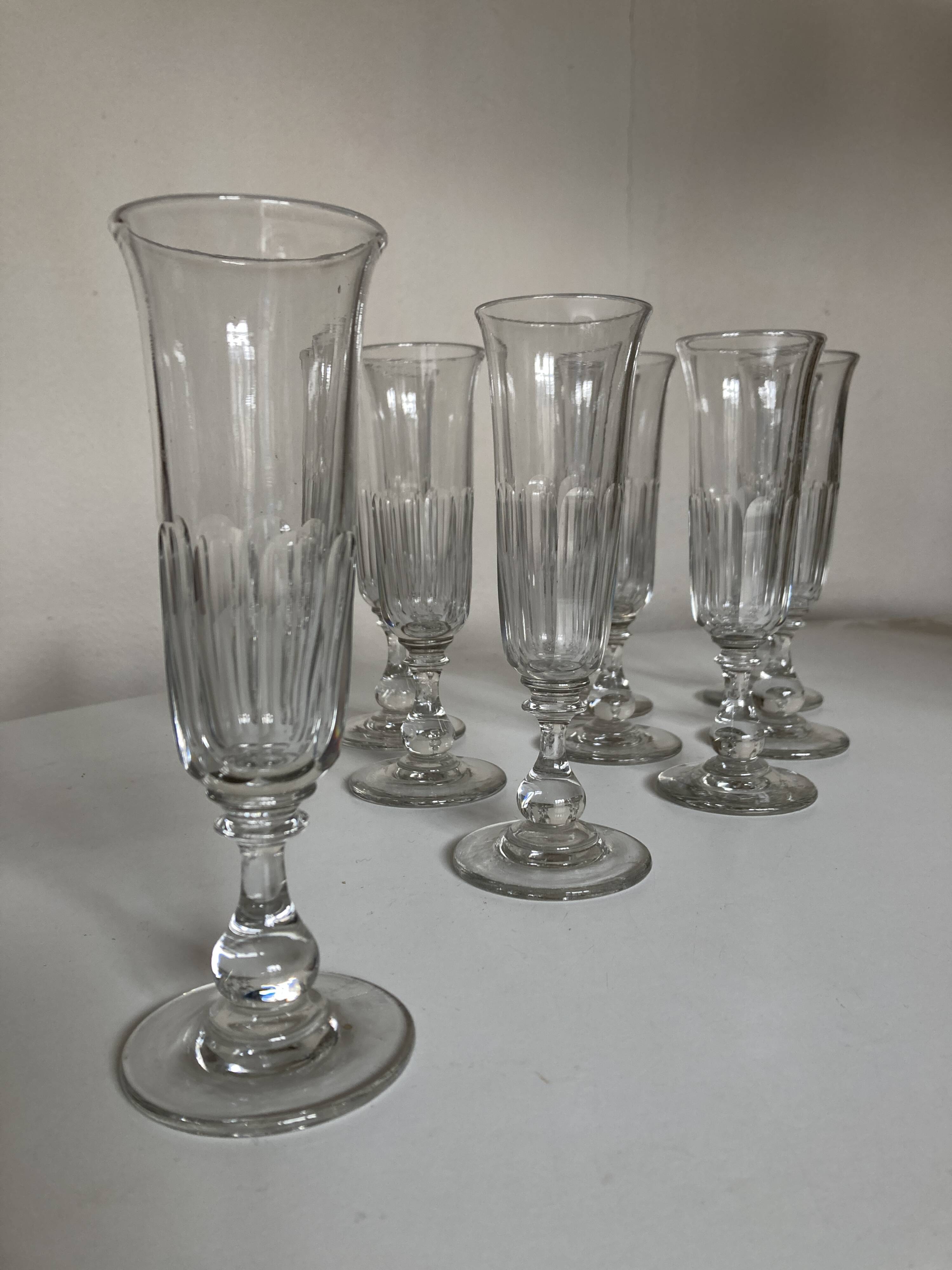 Set of 9 Louis Philippe tulip champagne flutes with flat sides mid 19th
