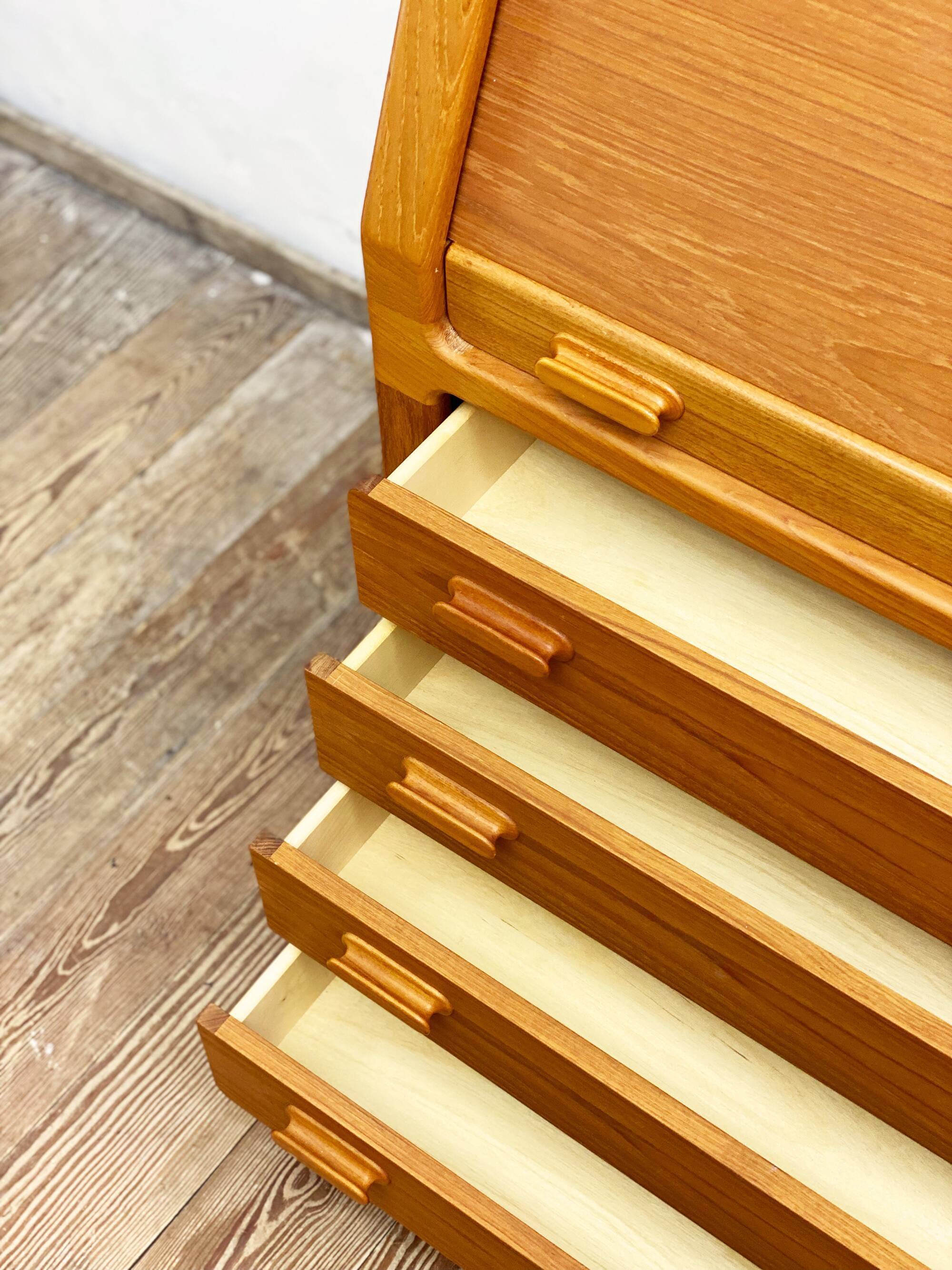 Danish Mid Century Teak Writing Cabinet, Bureau or Secretary Desk with roll top, 1960s