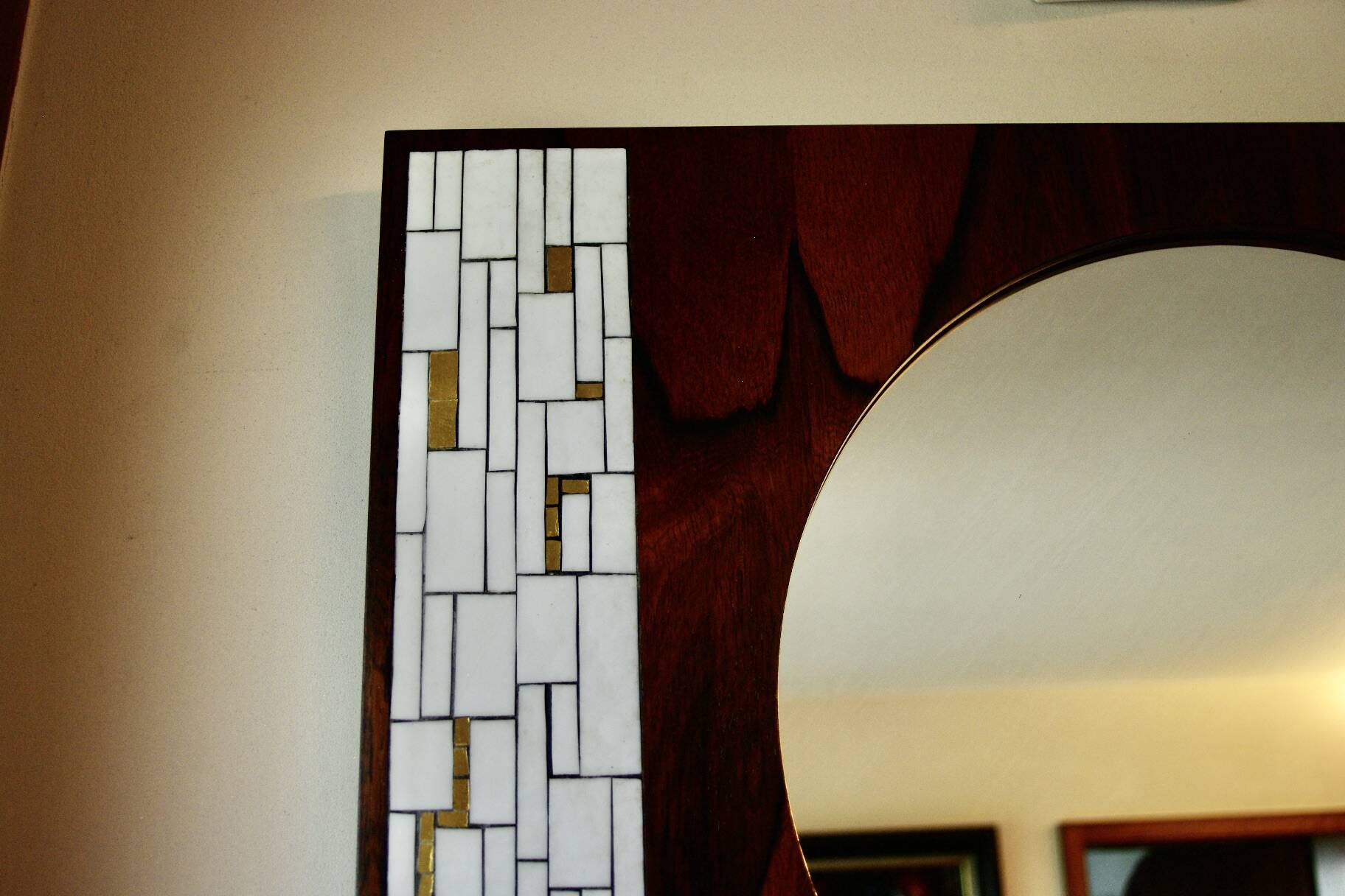 Vintage rosewood and ceramic mirror by berthold muller 1950