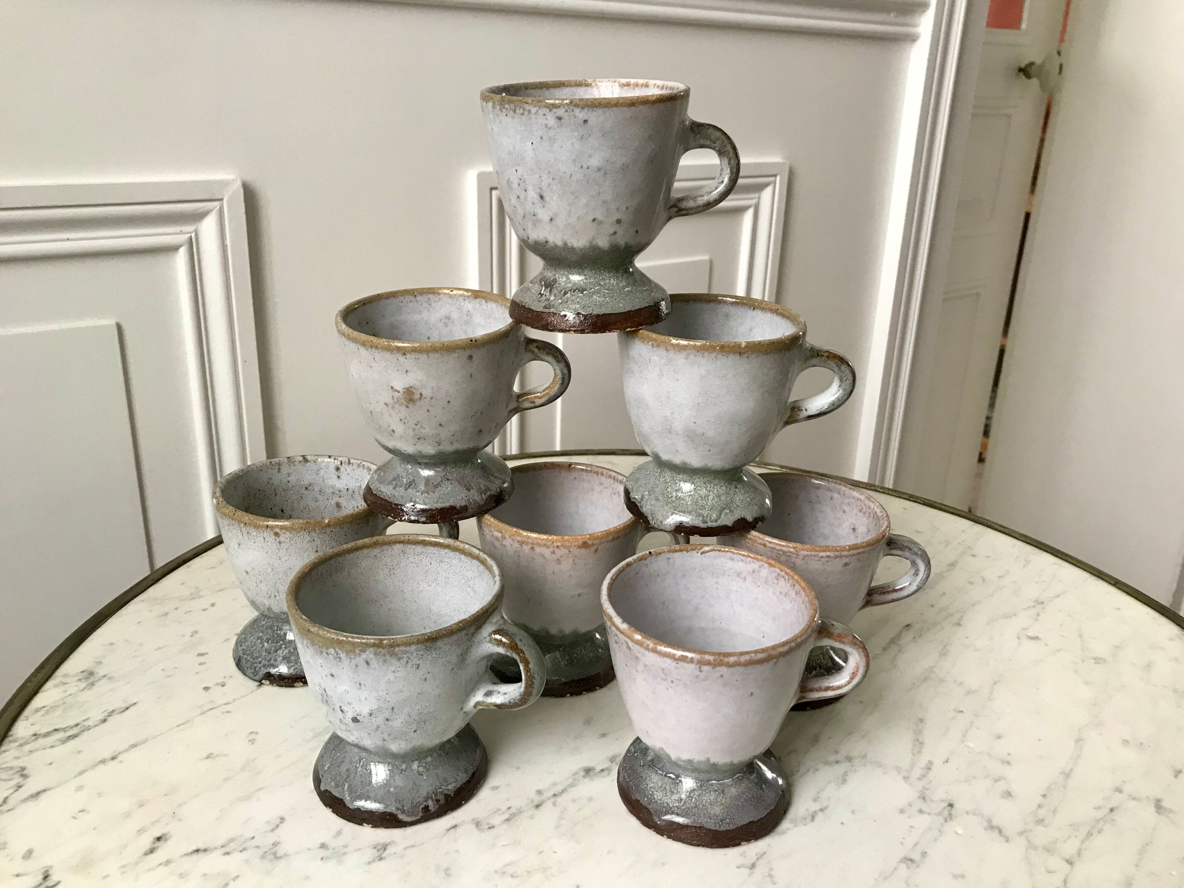 Set of 8 coffee cups, stoneware mazagrans handcrafted signed 70s