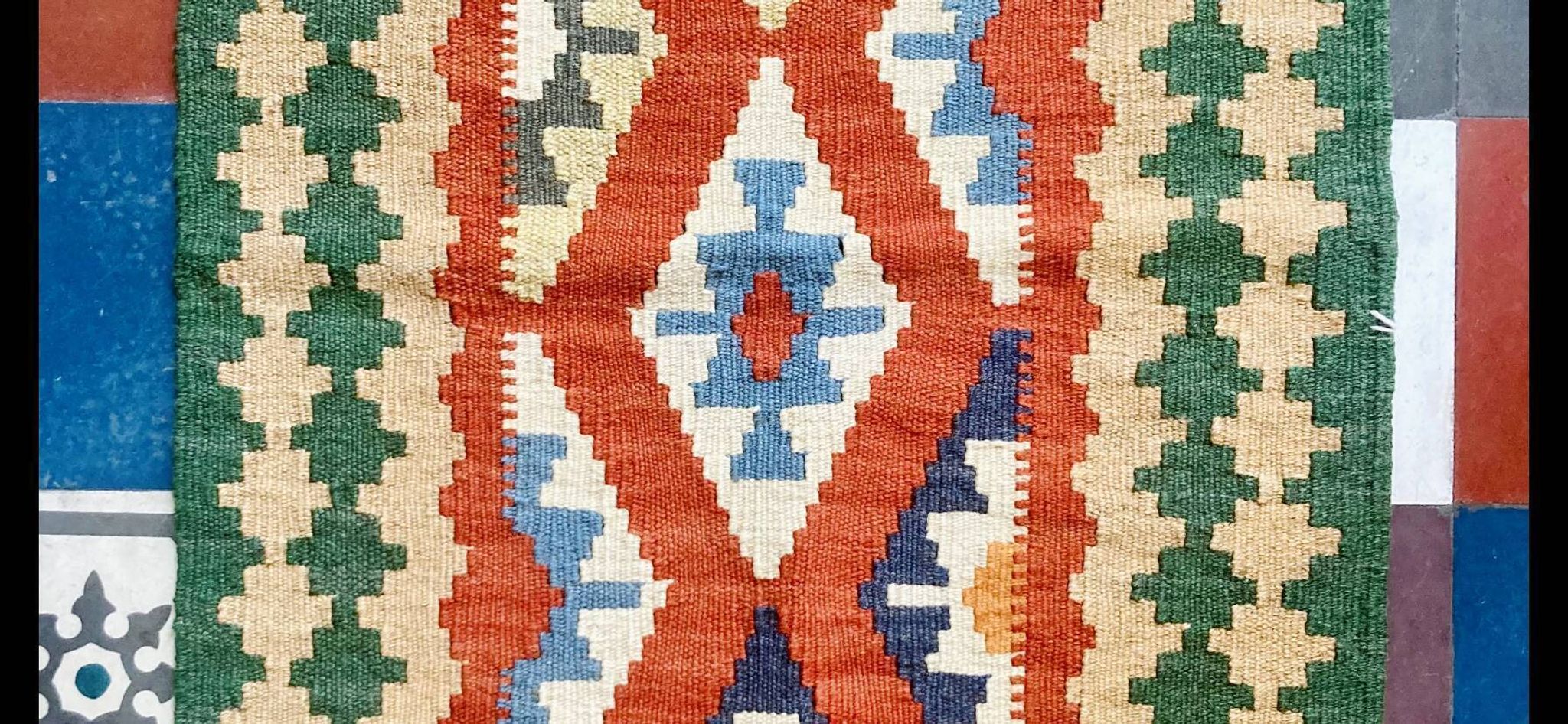 Kilim Shirazi in Green, terracotta and sky blue wool, handmade