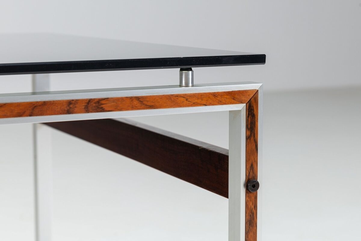 Scandinavian coffee table in metal, teak and smoked glass Denmark 1960