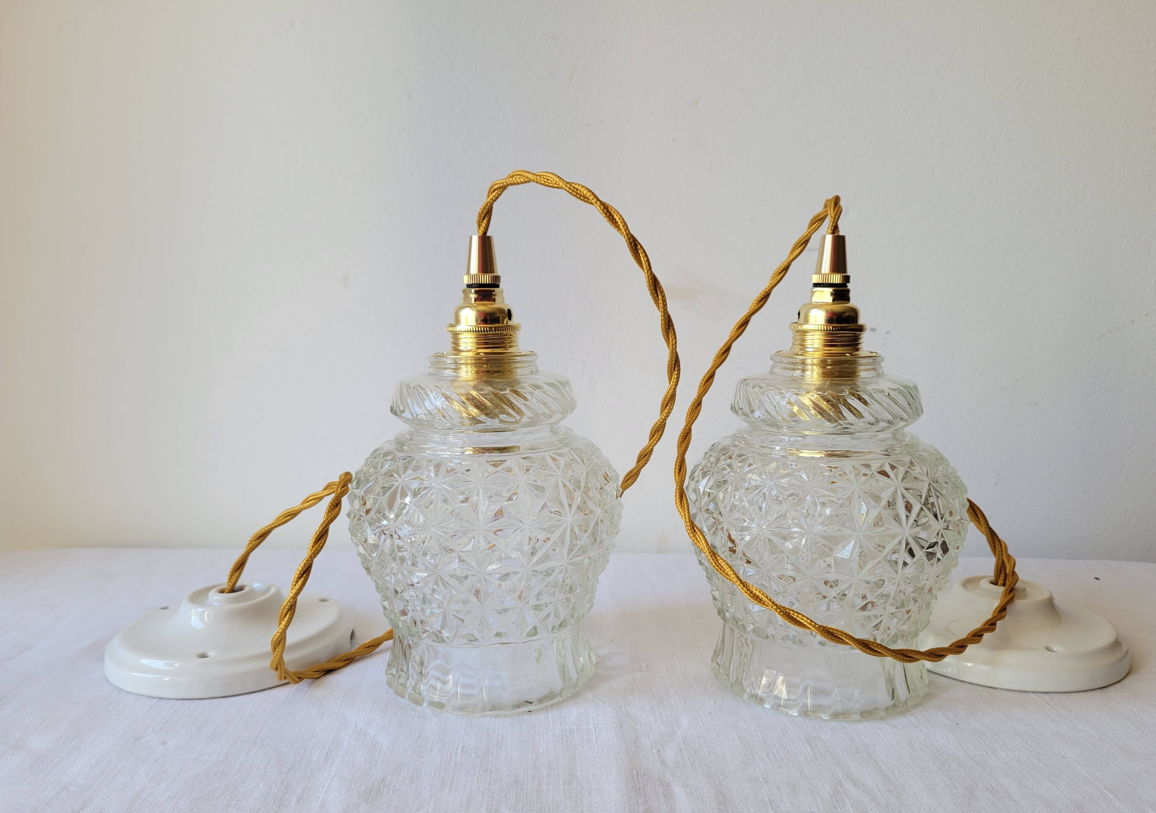 Duo of molded glass pendant lights