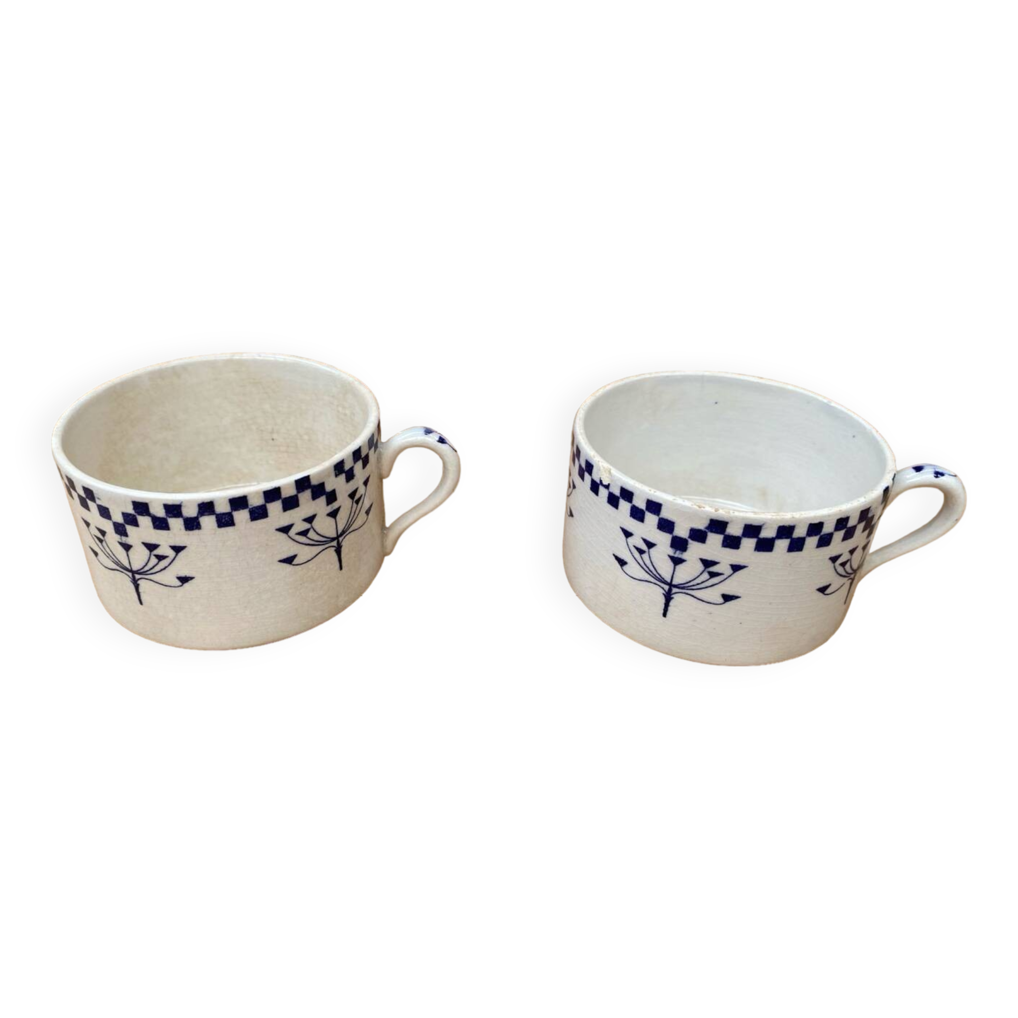 Pair Antique Creil & Montereau Mug Checkerboard Pattern Ceramic France