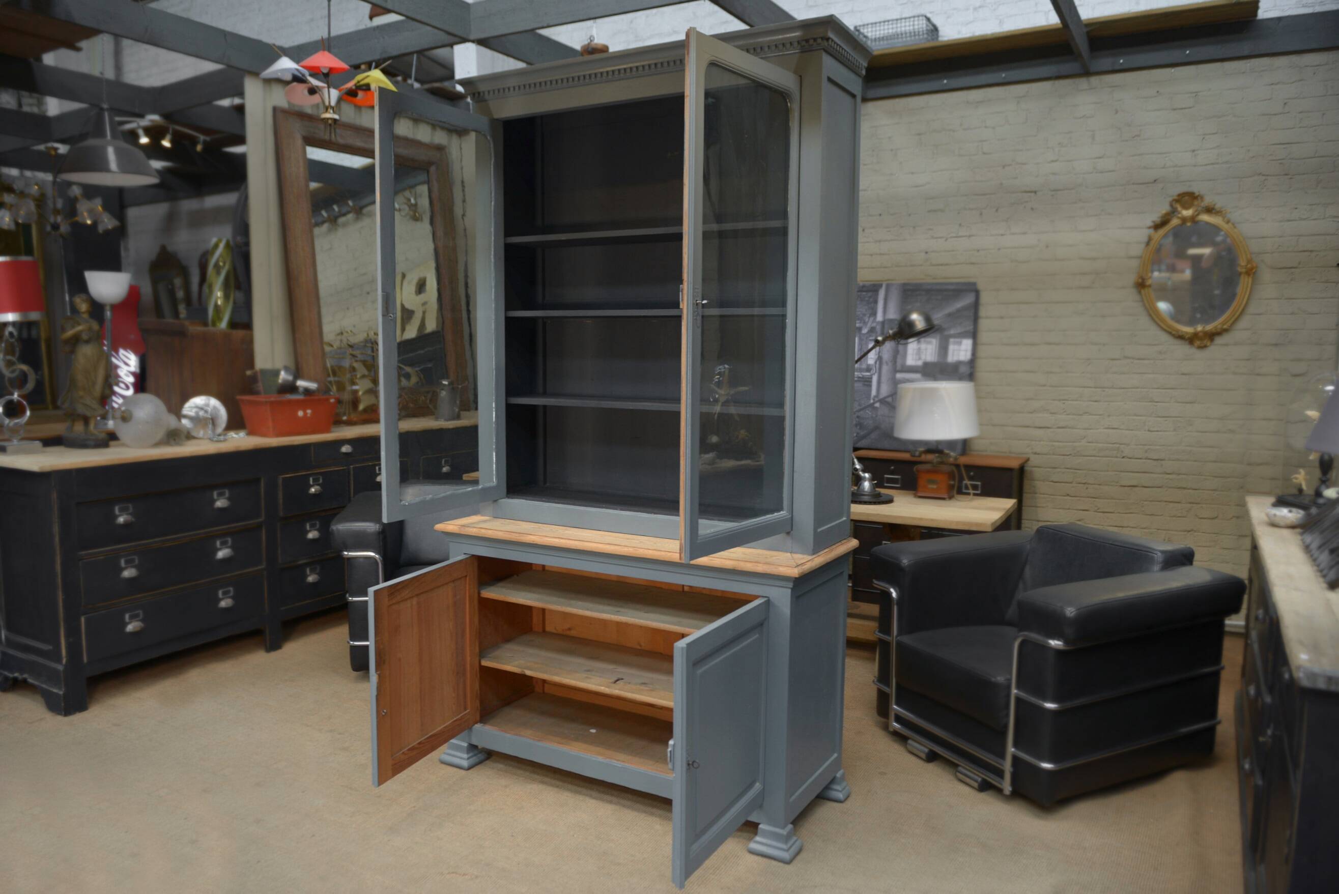 Bookcase sideboard with 2 bodies in gray patinated fir