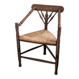 Chaise d’angle vintage antique à trois pieds en bois massif avec assise en