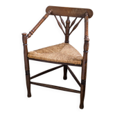 Chaise d’angle vintage antique à trois pieds en bois massif avec assise en