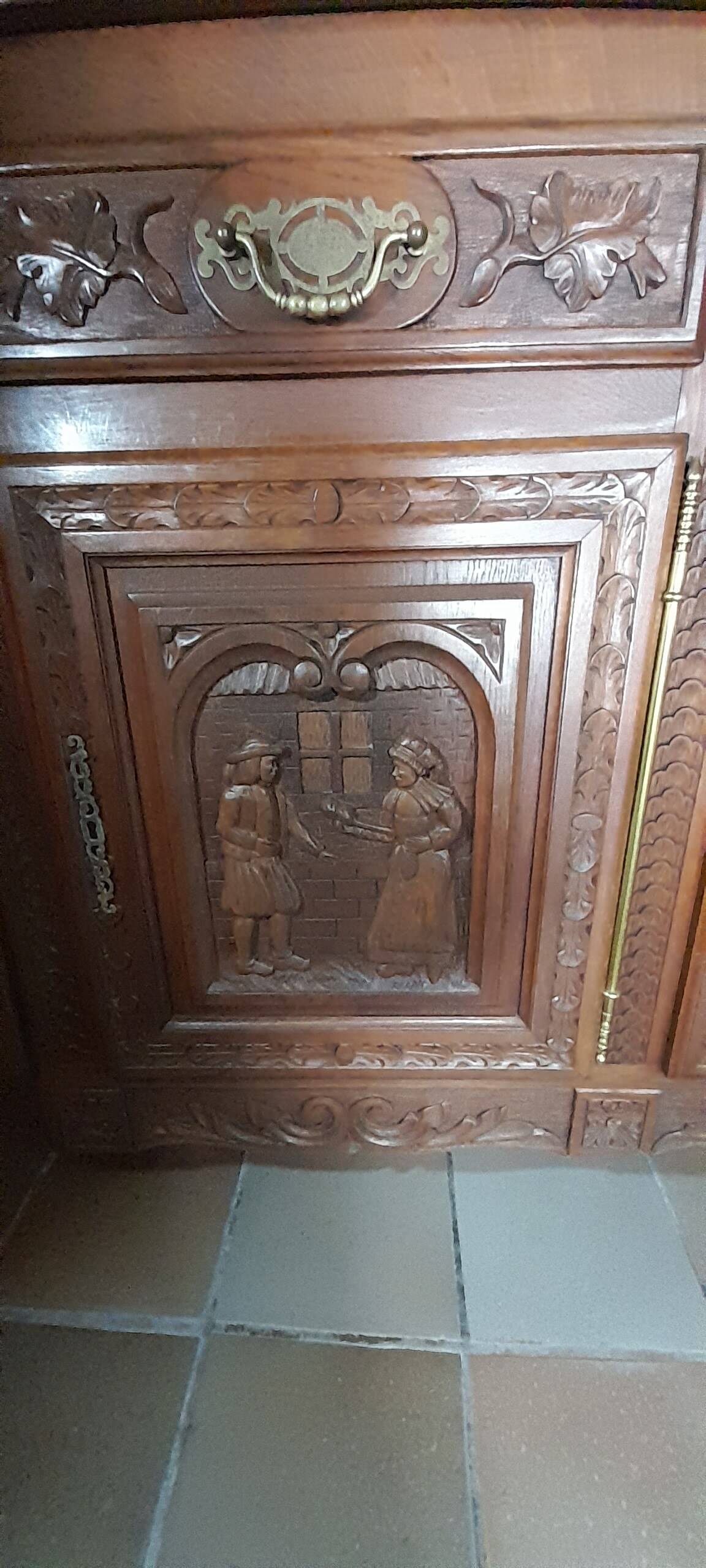 Breton buffet furniture 2 bodies carved by a Breton craftsman in oak with 2 keys