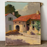 Country house with chickens, oil on canvas signed Perrot.
