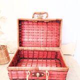 Vintage red woven wicker briefcase with leather buckle - rattan
