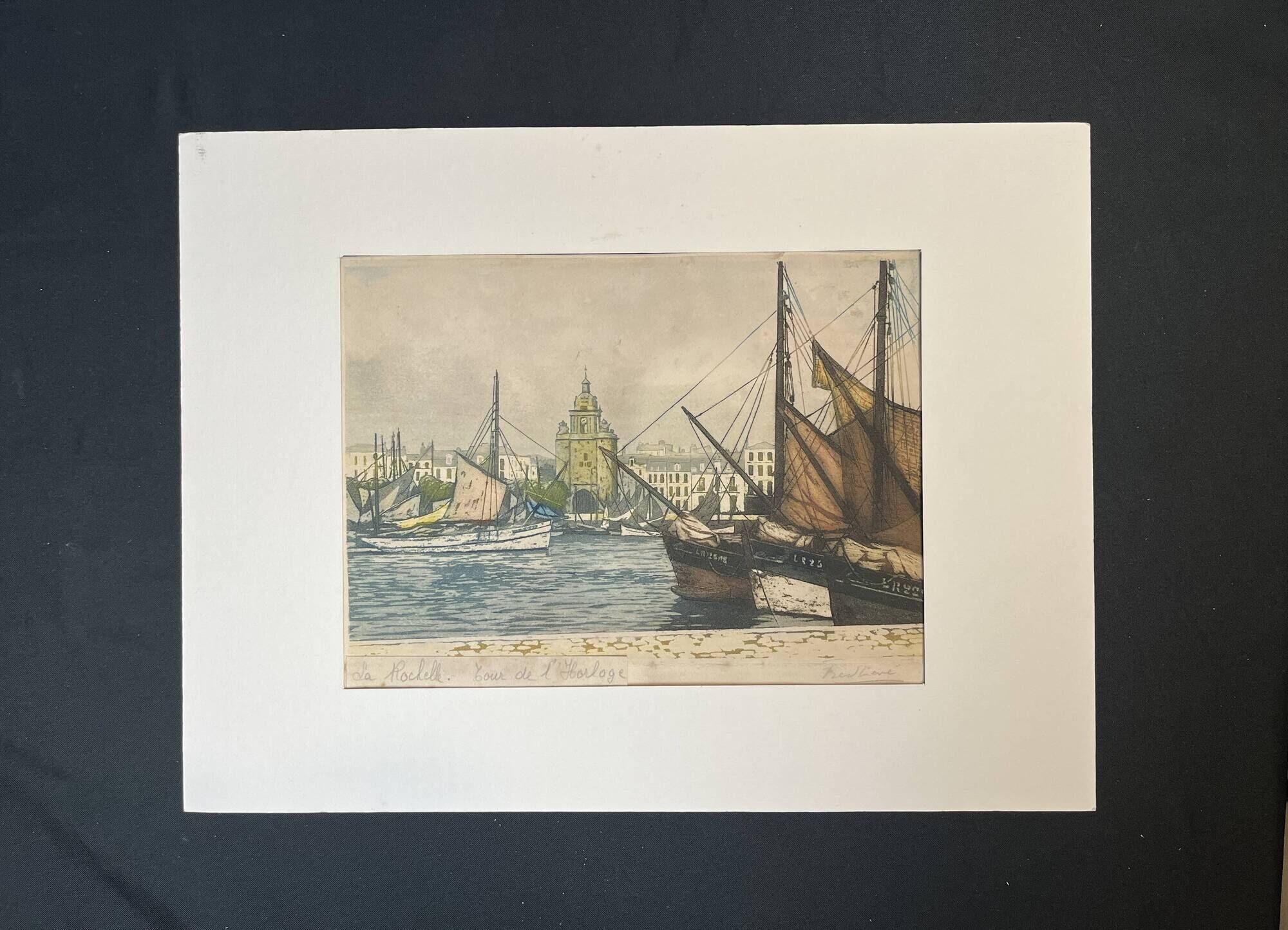 Frédéric Louis Levé, Aquatint Port of La Rochelle framed late 19th century