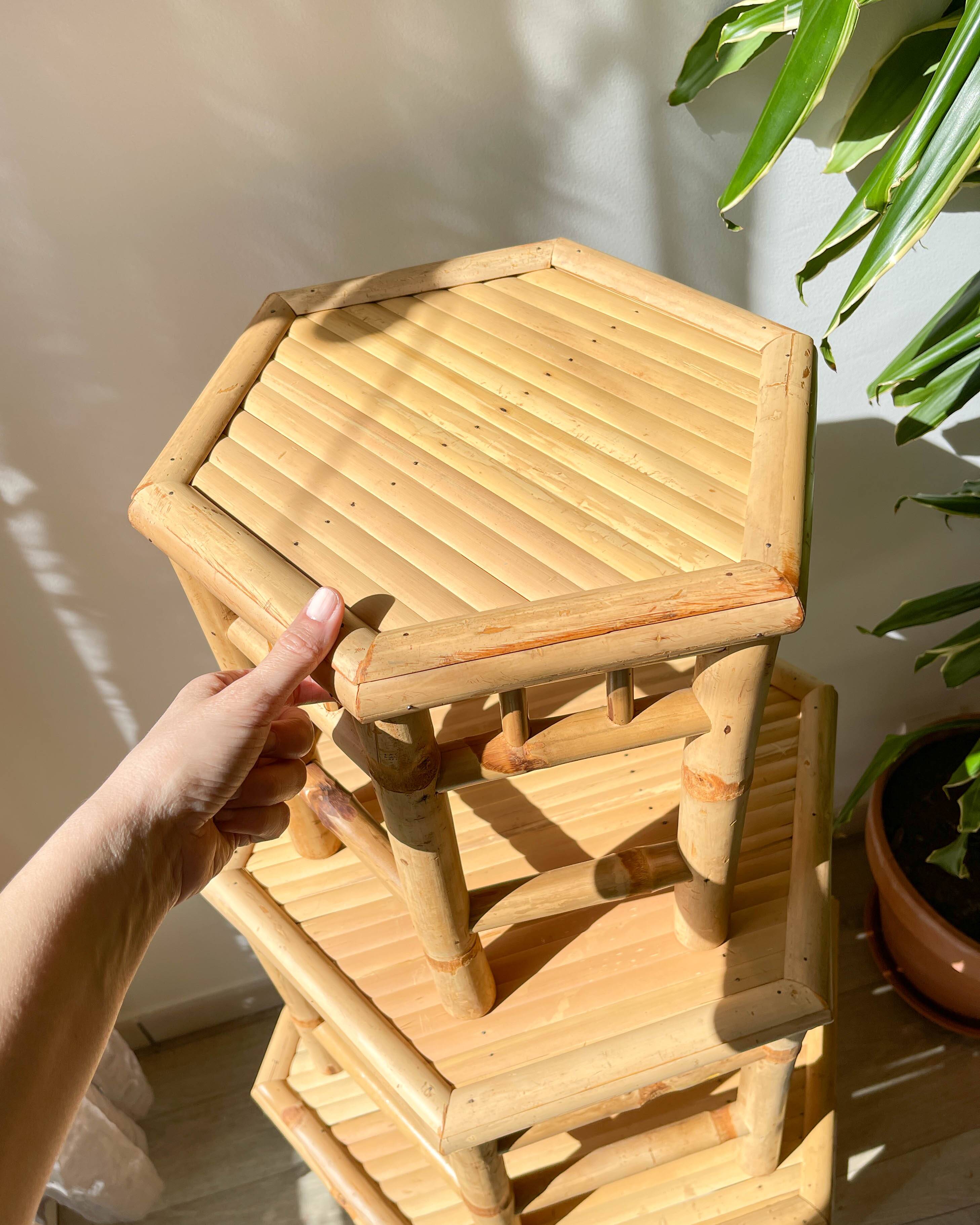 3 Vintage Bamboo Hexagonal Nesting Coffee Tables, 1970s