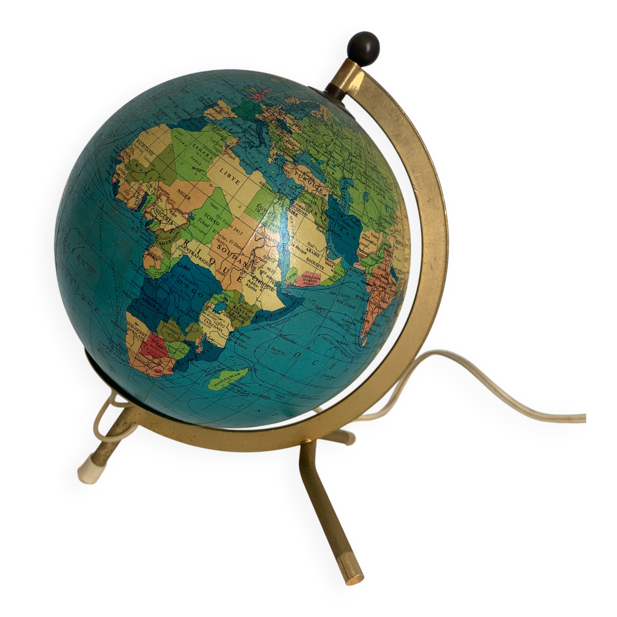 Globe vintage 1967 terrestre Taride tripode doré verre mappemonde - 22 cm