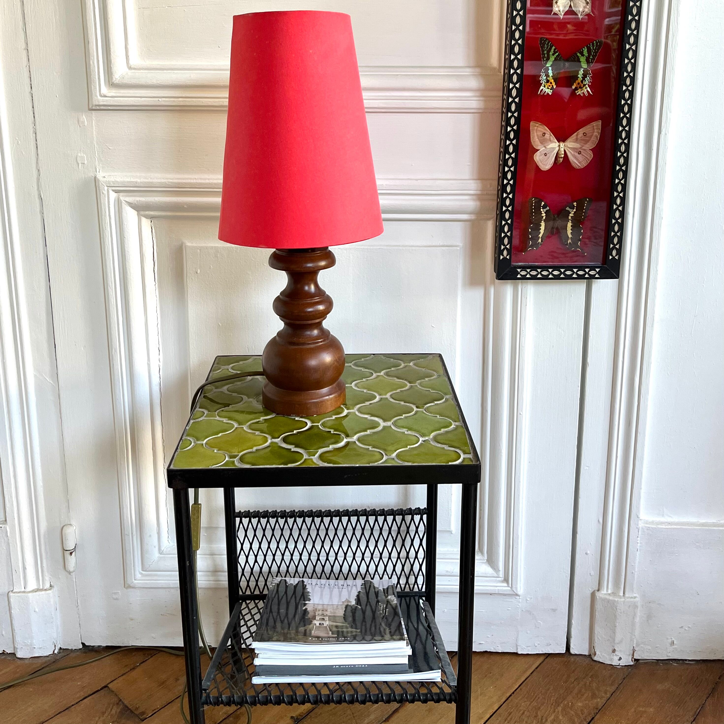 Turned wood lamp with vintage cone shade