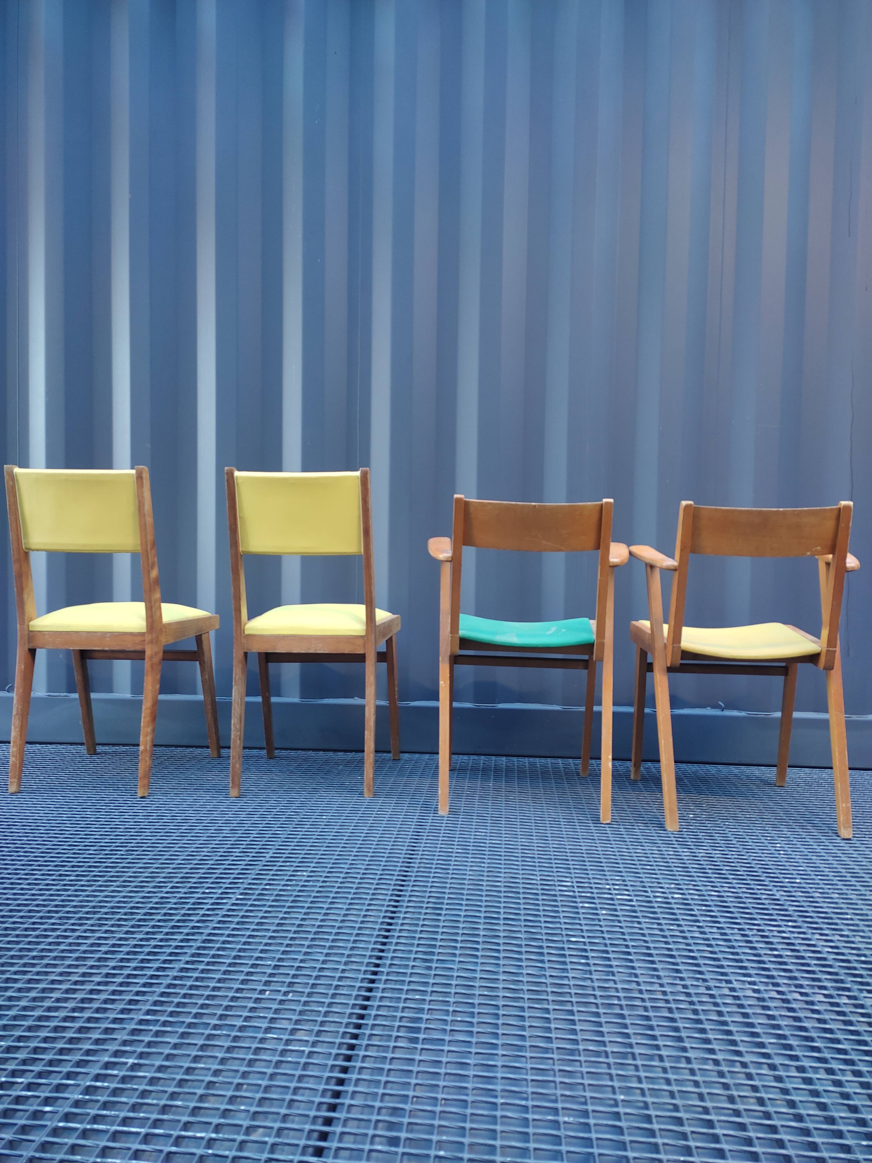 2 armchairs, 2 chairs 50s wooden