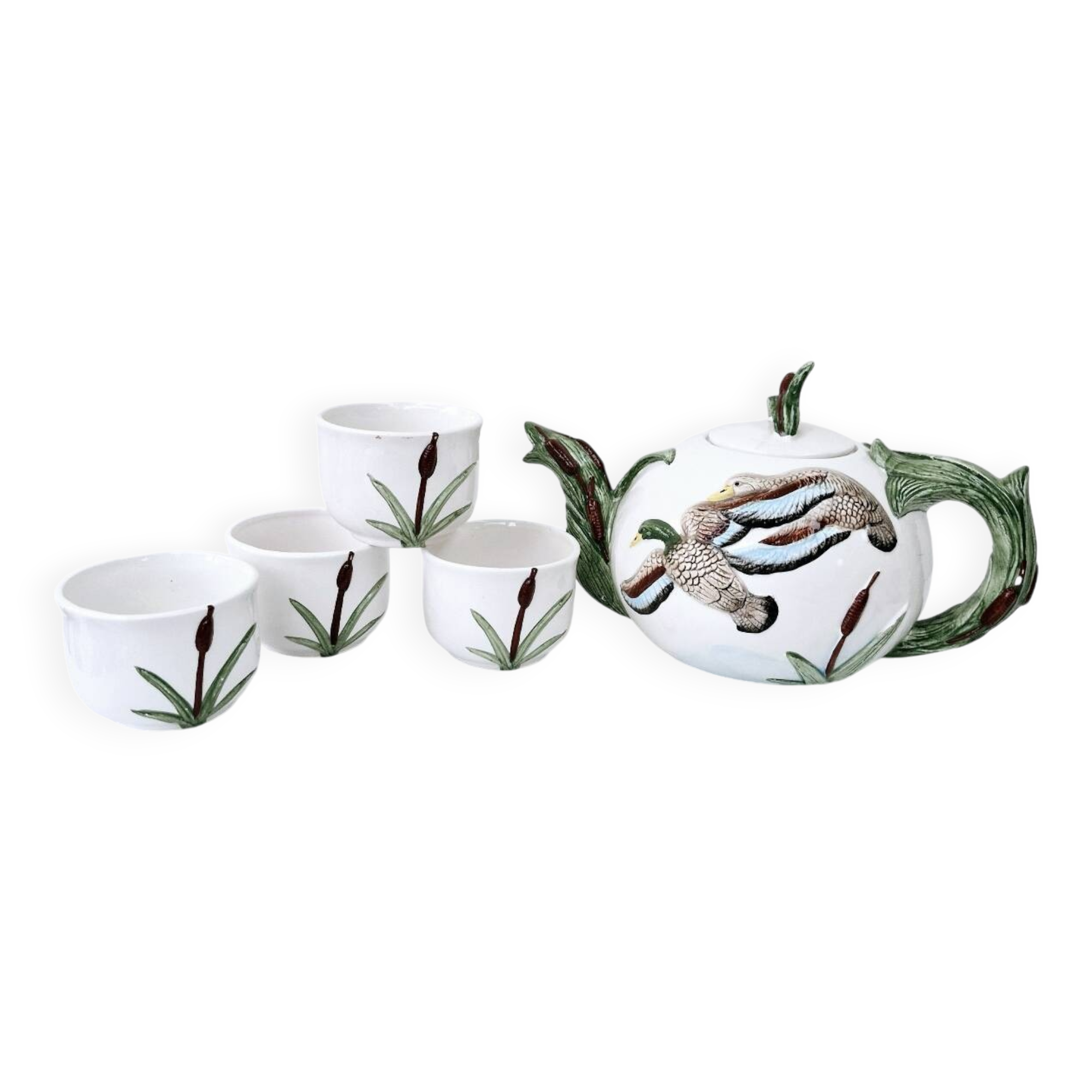Vintage ceramic tea set barbotine duck reeds hand painted