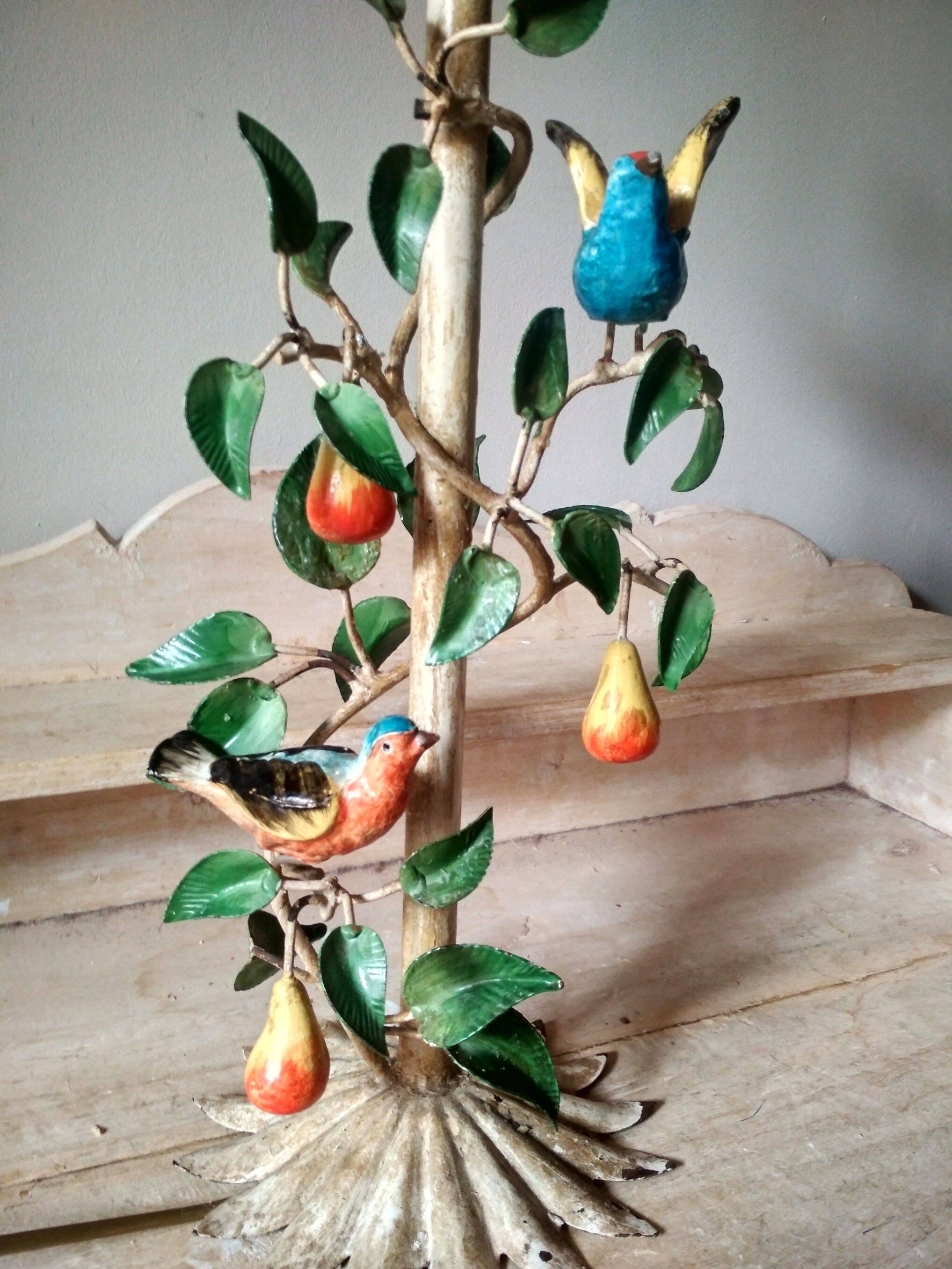 Painted metal candle holder lamp - wrought iron fruit and bird lamp base