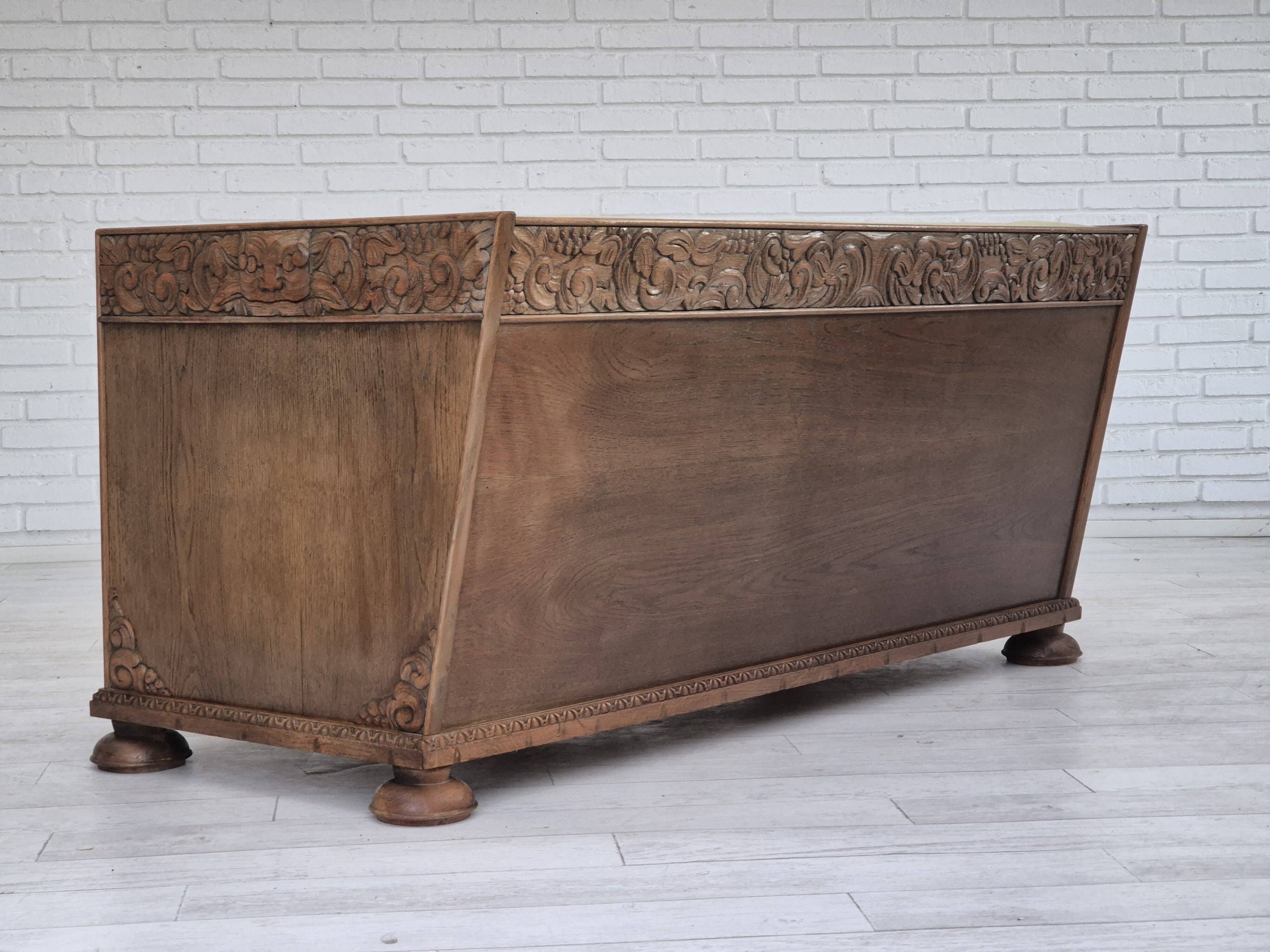 1950s, Danish curved sofa, furniture velour, oak wood.