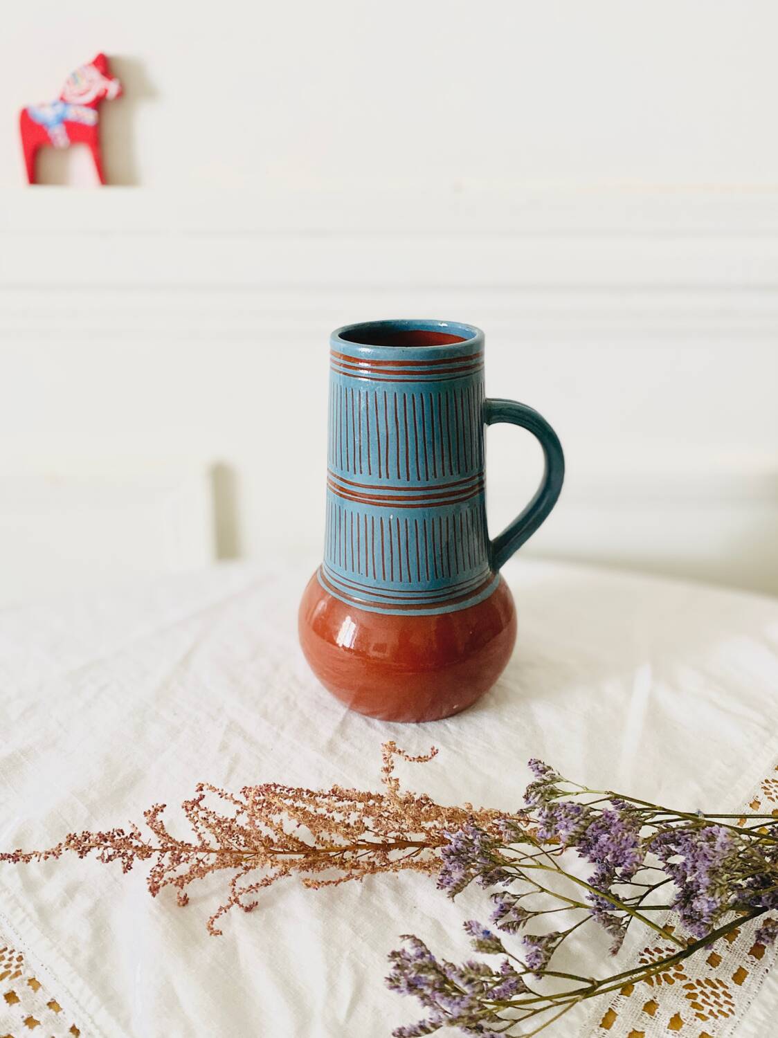 Vintage vase with handle Scandinavian ceramic Nittsjo Sweden