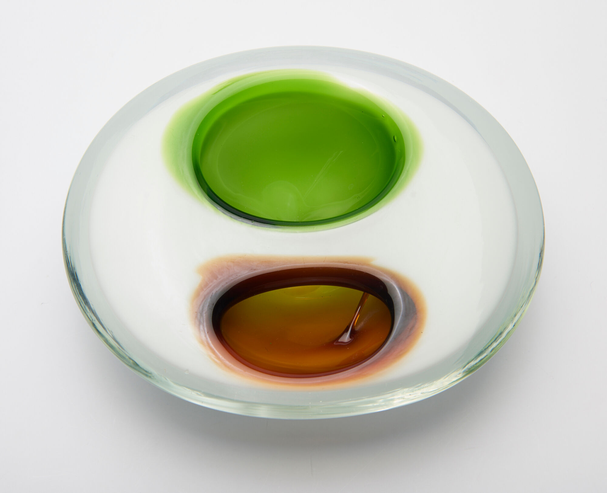 ashtray in white glass and green and orange "bubbles", 70s