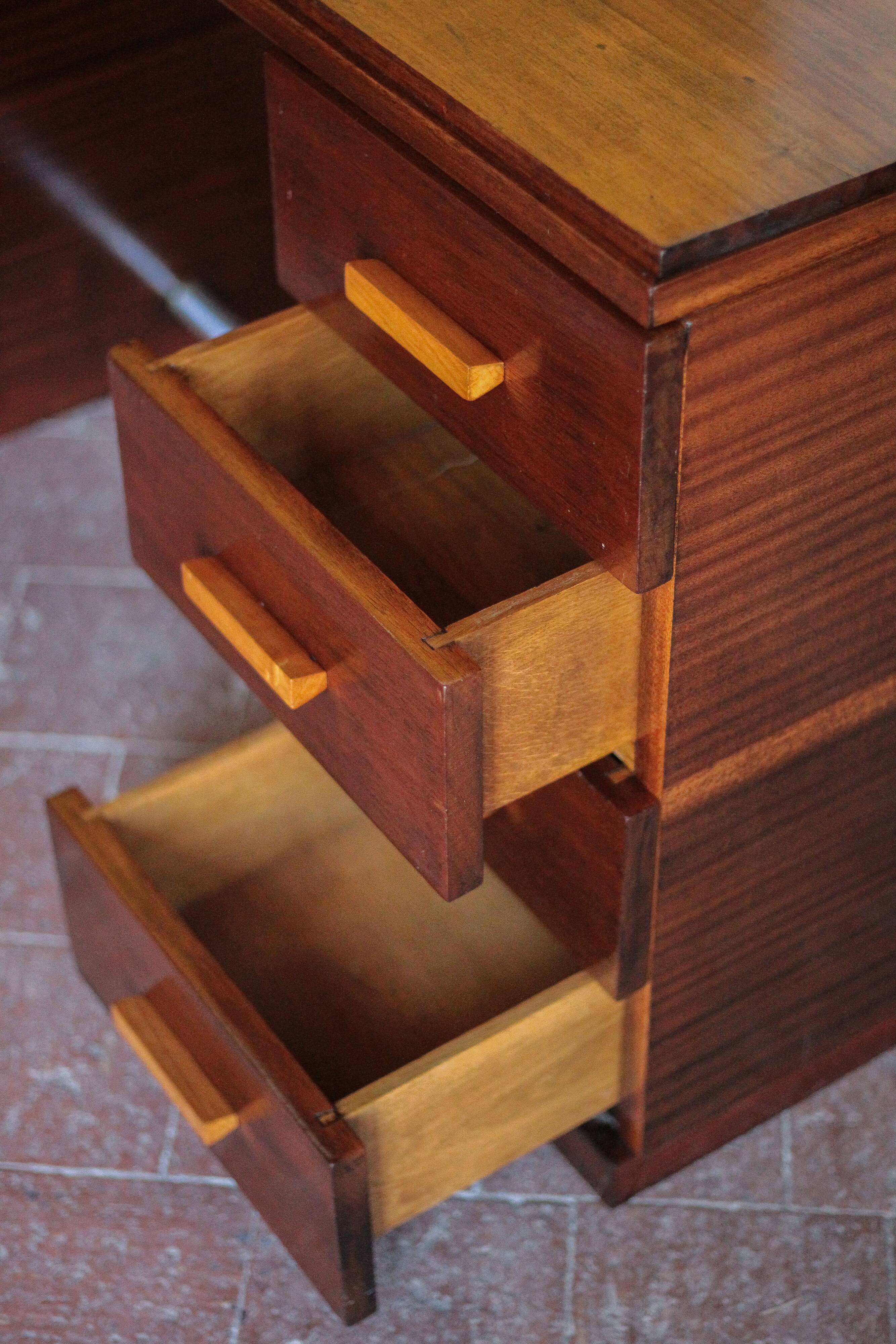 Vintage desk, wooden Art Deco desk from the 1930s, desk with drawers.