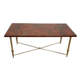 Neoclassical style brass coffee table with lacquered top depicting chinoiserie scenes, attributed to Maison Jansen