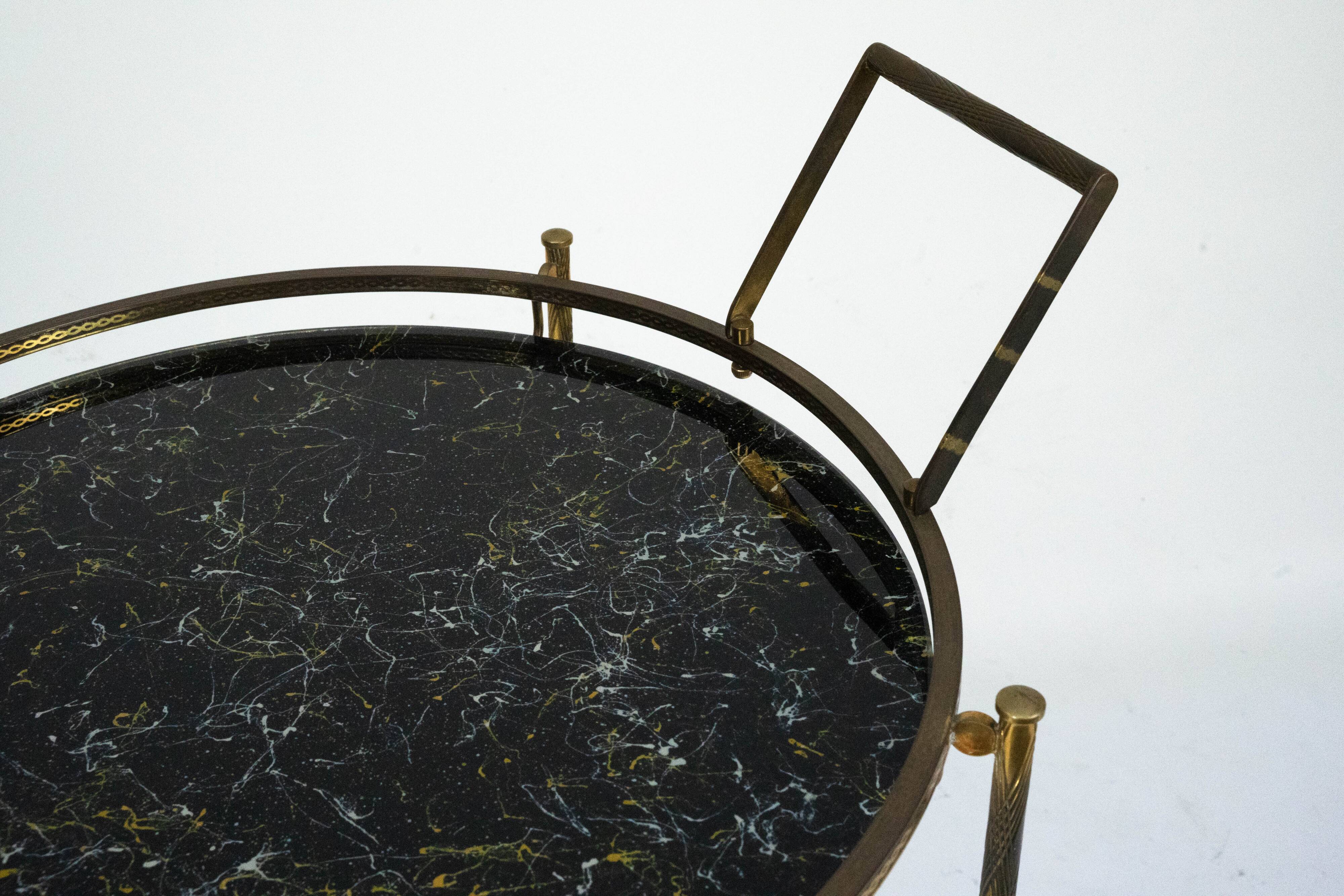 Round Mid-Century Brass and Marble-Effect Glass Bar Cart. Italy 1950s