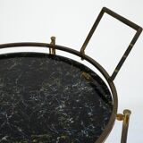 Round Mid-Century Brass and Marble-Effect Glass Bar Cart. Italy 1950s