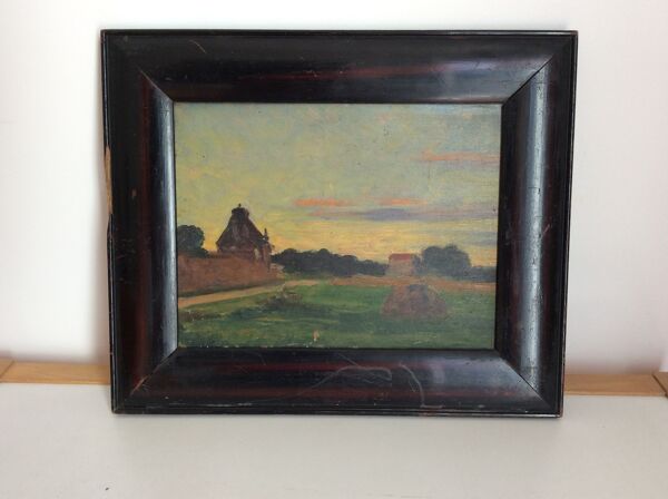 Tableau ancien, paysage de campagne