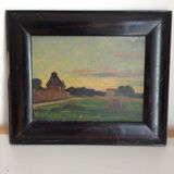 Tableau ancien, paysage de campagne