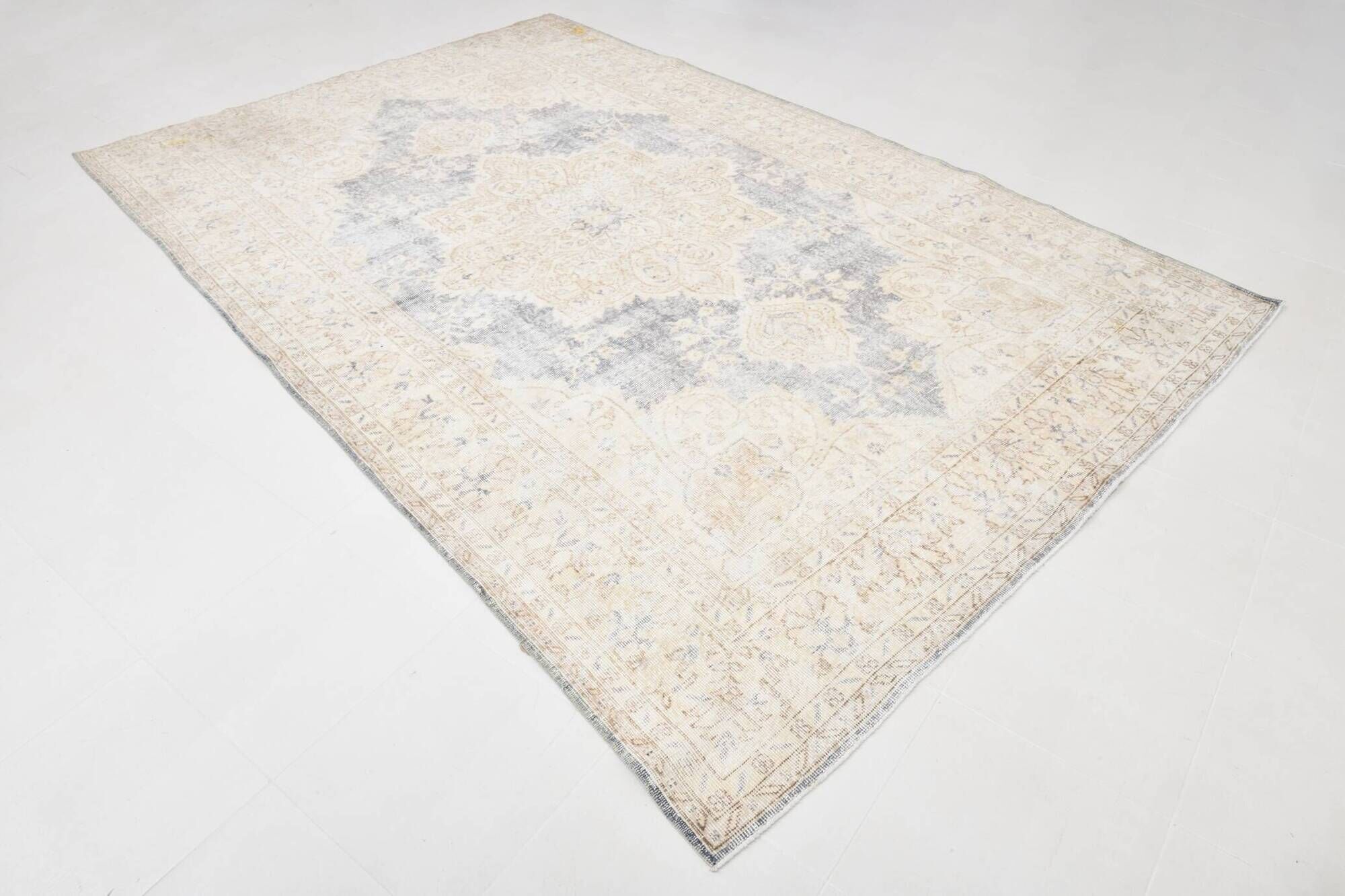 Vintage Light Blue & Cream Turkish Rug, Oriental Pattern Bedroom Carpet