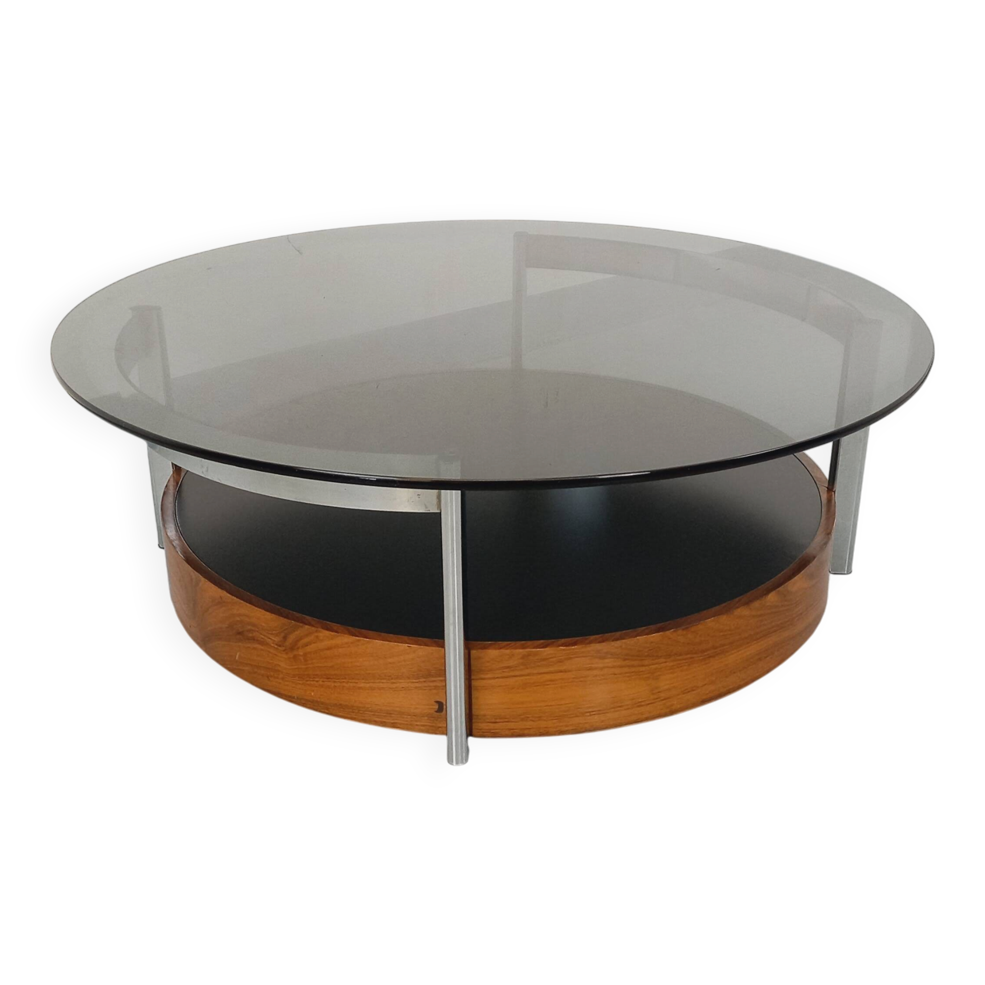 Vintage Italian round coffee table in rosewood, chrome metal, glass.