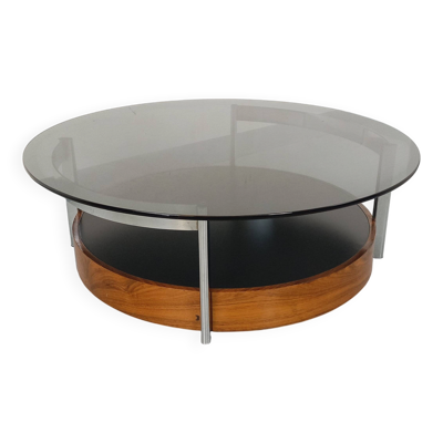 Table basse ronde italienne vintage en palissandre, métal chromé, verre