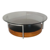 Vintage Italian round coffee table in rosewood, chrome metal, glass.