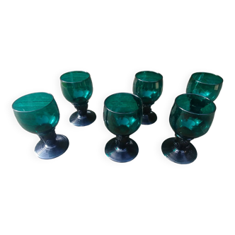 Six Roemer glasses in green blown crystal with "pastilles" decoration