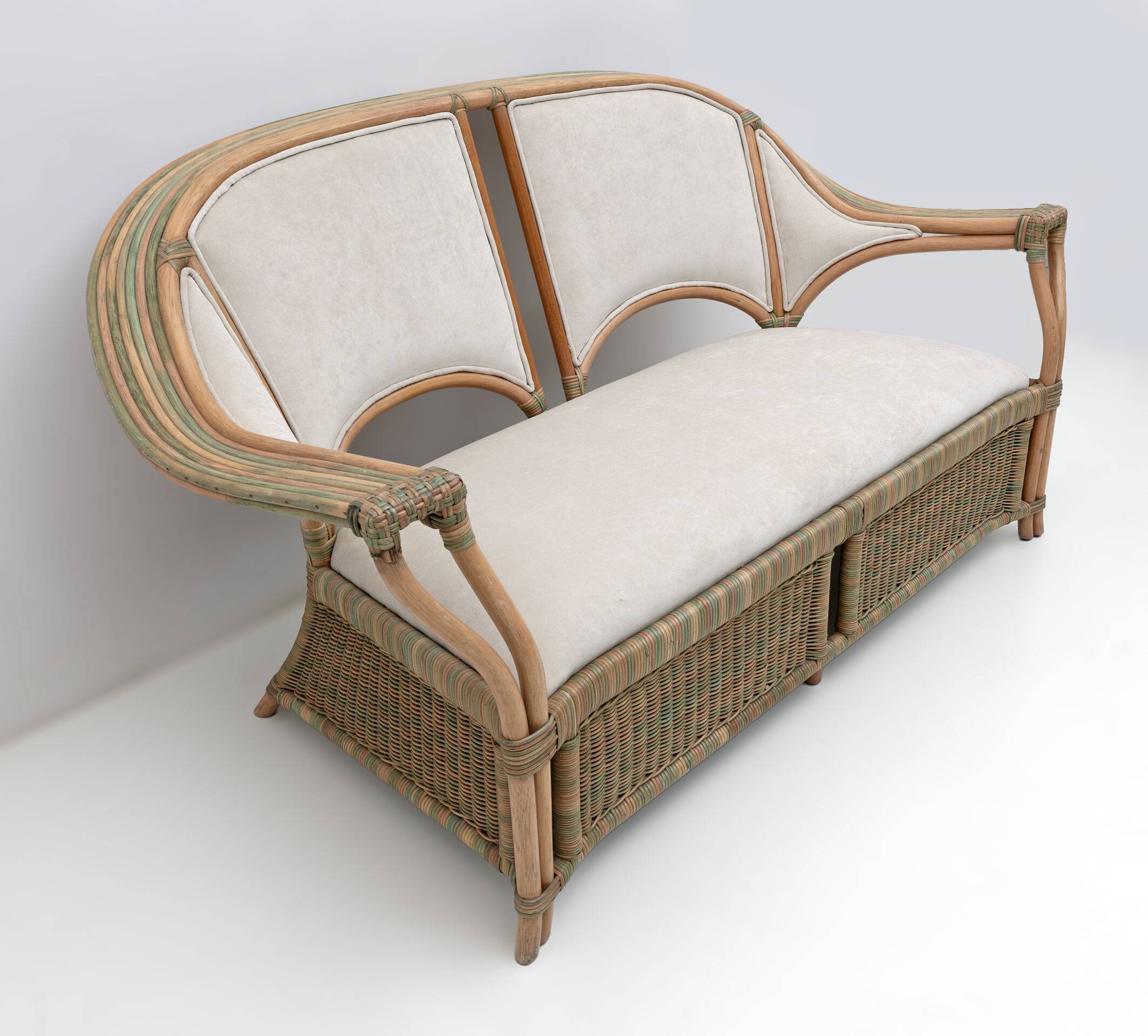 Mid-century Modern Italian Rattan and Wicker Two Armchairs and Sofa, 1970s
