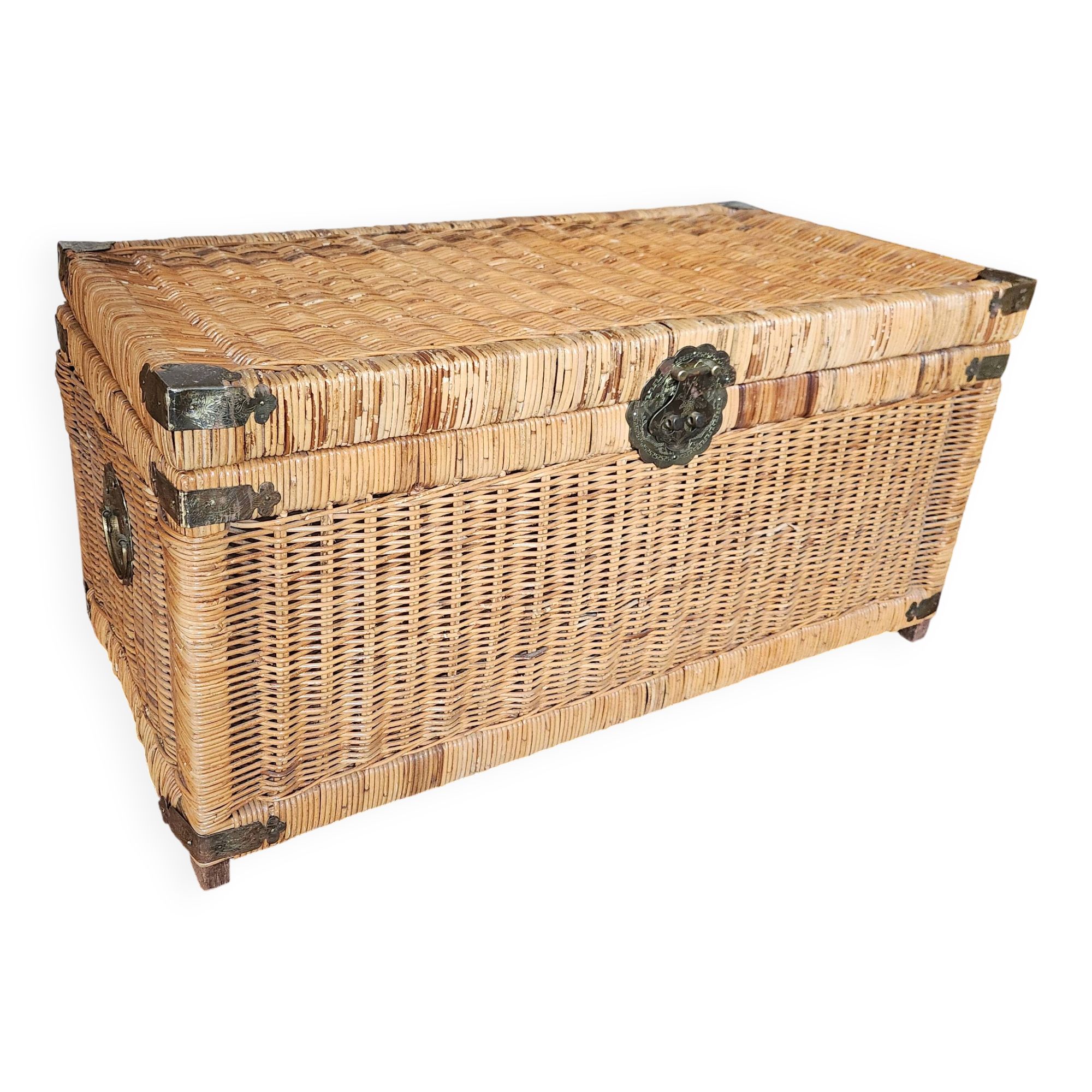 Antique vintage wicker trunk with brass fittings