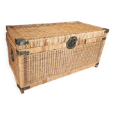 Malle coffre osier ancien vintage avec ferrures en laiton