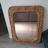 large vintage mirror in woven rattan 66 86 cm with some defects