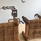Stool in carved wood and rope from the 70s
