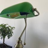 Lampe de banquier ancienne en bronze et opaline verte, Art Déco