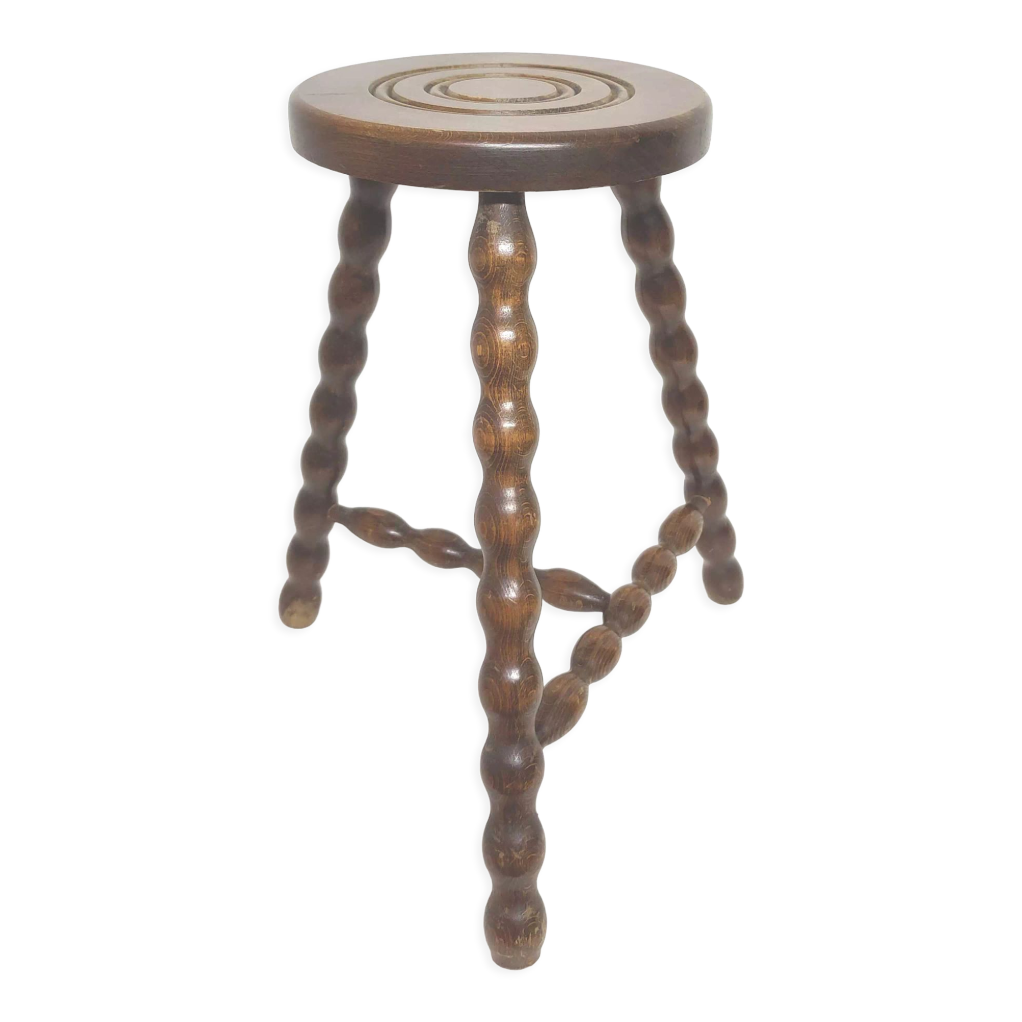 Vintage tripod stool in solid wood beaded legs