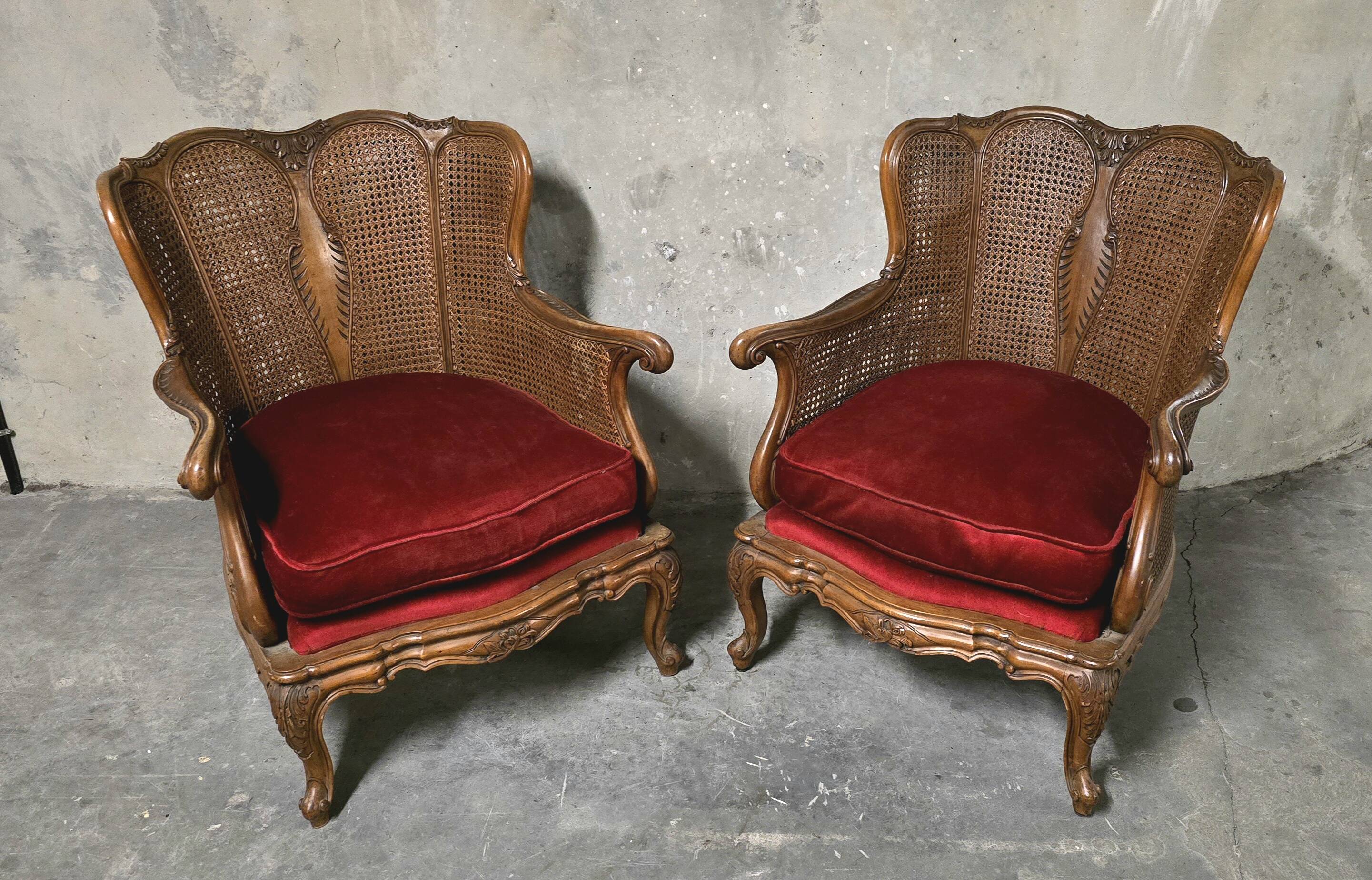 Pair of wooden and rattan armchairs, Louis XV style