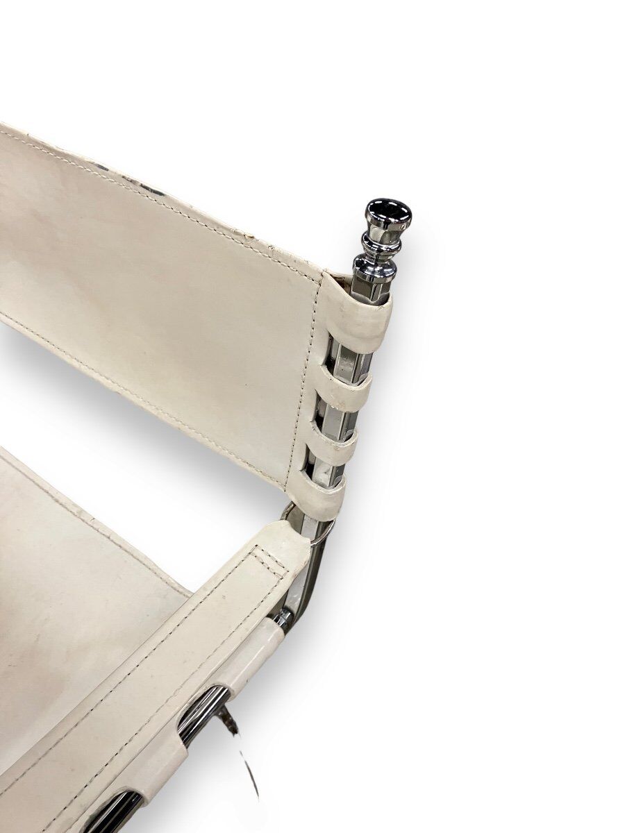 Maison Jansen Set of 4 armchairs Emperor Savonarola White leather and chromed metal